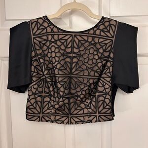 Bebe Black and Nude Floral Lace Overlay Crop Top with structured sleeves